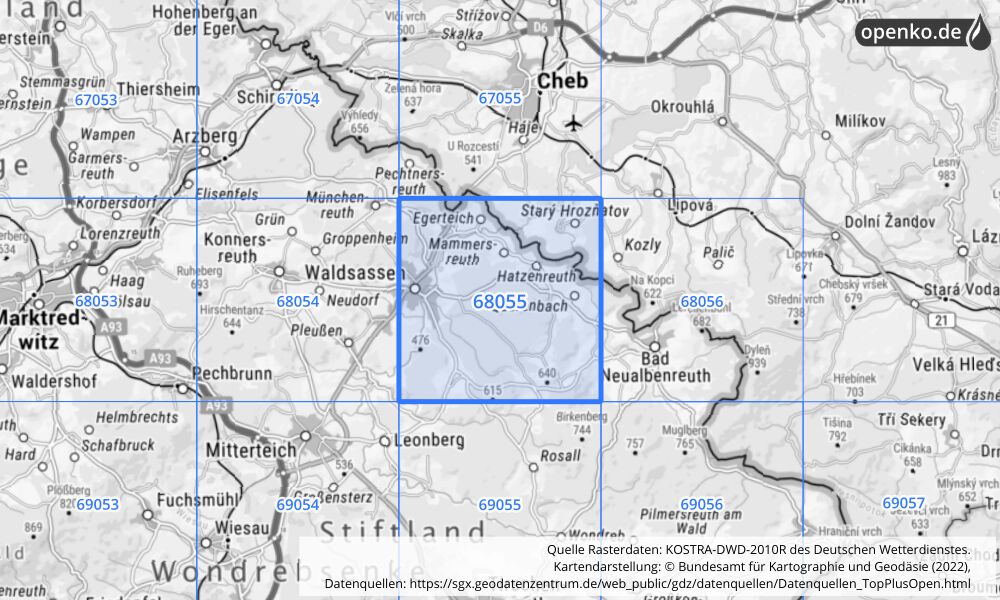 Übersichtskarte KOSTRA-DWD-2010R Rasterfeld Nr. 68055 mit angrenzenden Feldern