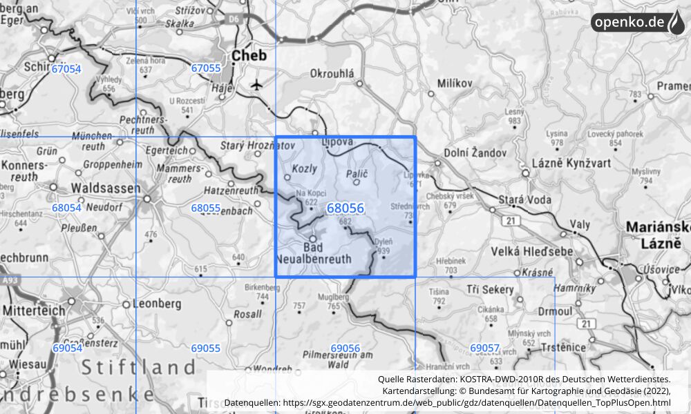 Übersichtskarte KOSTRA-DWD-2010R Rasterfeld Nr. 68056 mit angrenzenden Feldern