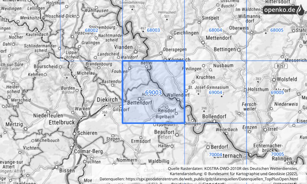 Übersichtskarte KOSTRA-DWD-2010R Rasterfeld Nr. 69003 mit angrenzenden Feldern