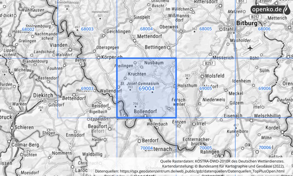 Übersichtskarte KOSTRA-DWD-2010R Rasterfeld Nr. 69004 mit angrenzenden Feldern