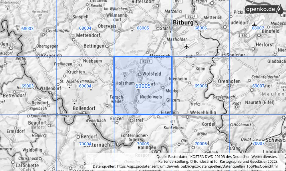 Übersichtskarte KOSTRA-DWD-2010R Rasterfeld Nr. 69005 mit angrenzenden Feldern