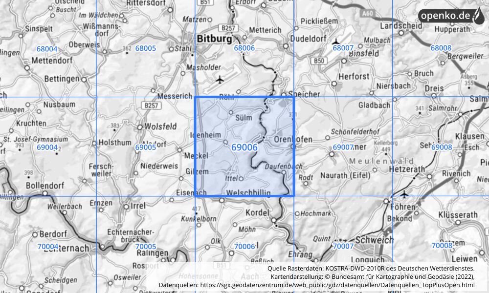 Übersichtskarte KOSTRA-DWD-2010R Rasterfeld Nr. 69006 mit angrenzenden Feldern