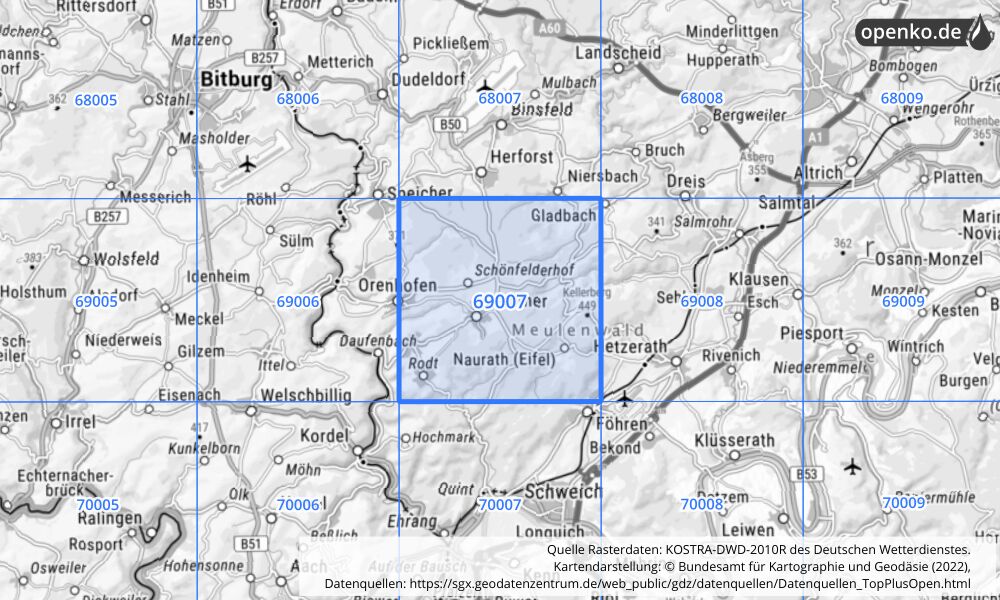 Übersichtskarte KOSTRA-DWD-2010R Rasterfeld Nr. 69007 mit angrenzenden Feldern