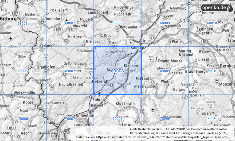 Übersichtskarte KOSTRA-DWD-2010R Rasterfeld Nr. 69008 mit angrenzenden Feldern