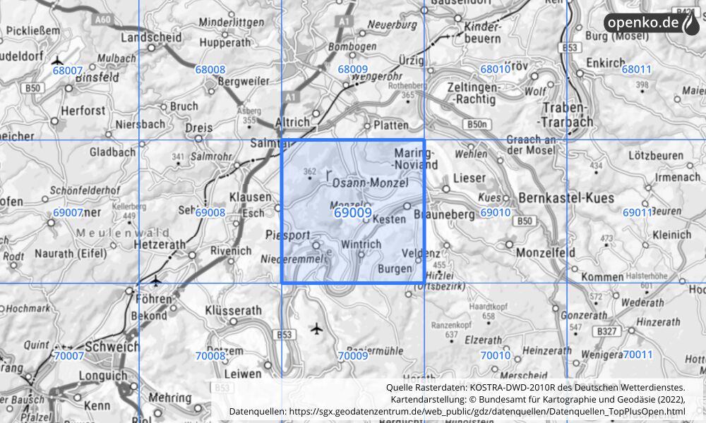 Übersichtskarte KOSTRA-DWD-2010R Rasterfeld Nr. 69009 mit angrenzenden Feldern