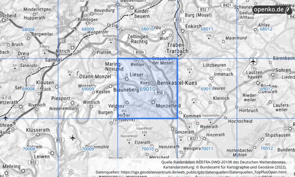 Übersichtskarte KOSTRA-DWD-2010R Rasterfeld Nr. 69010 mit angrenzenden Feldern