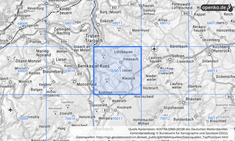 Übersichtskarte KOSTRA-DWD-2010R Rasterfeld Nr. 69011 mit angrenzenden Feldern