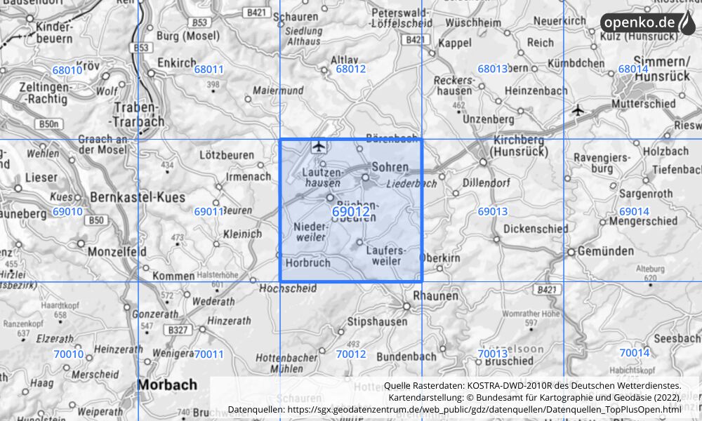 Übersichtskarte KOSTRA-DWD-2010R Rasterfeld Nr. 69012 mit angrenzenden Feldern