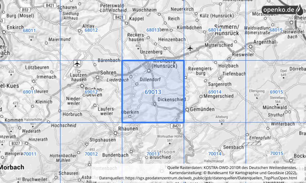 Übersichtskarte KOSTRA-DWD-2010R Rasterfeld Nr. 69013 mit angrenzenden Feldern