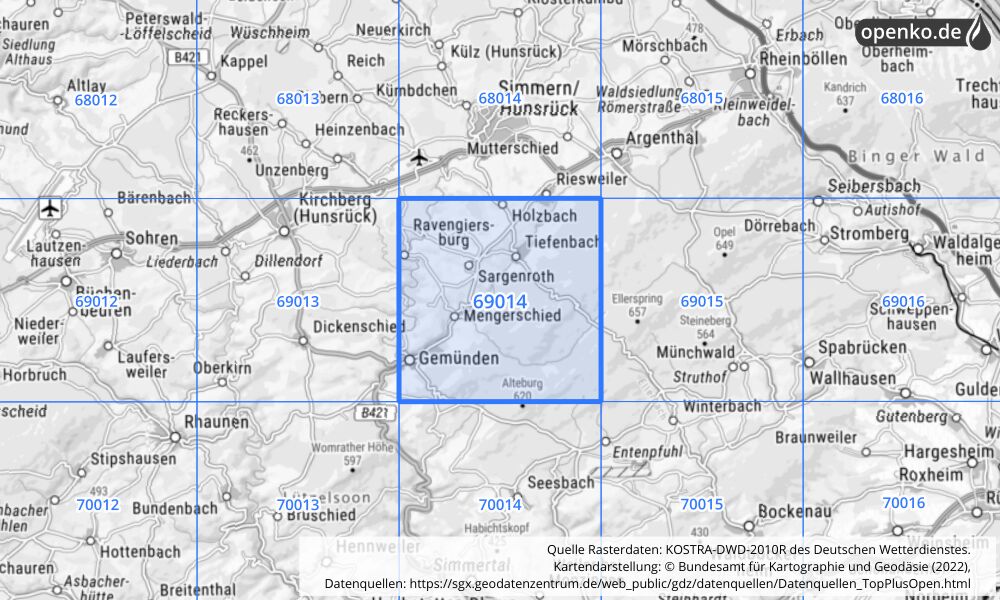 Übersichtskarte KOSTRA-DWD-2010R Rasterfeld Nr. 69014 mit angrenzenden Feldern