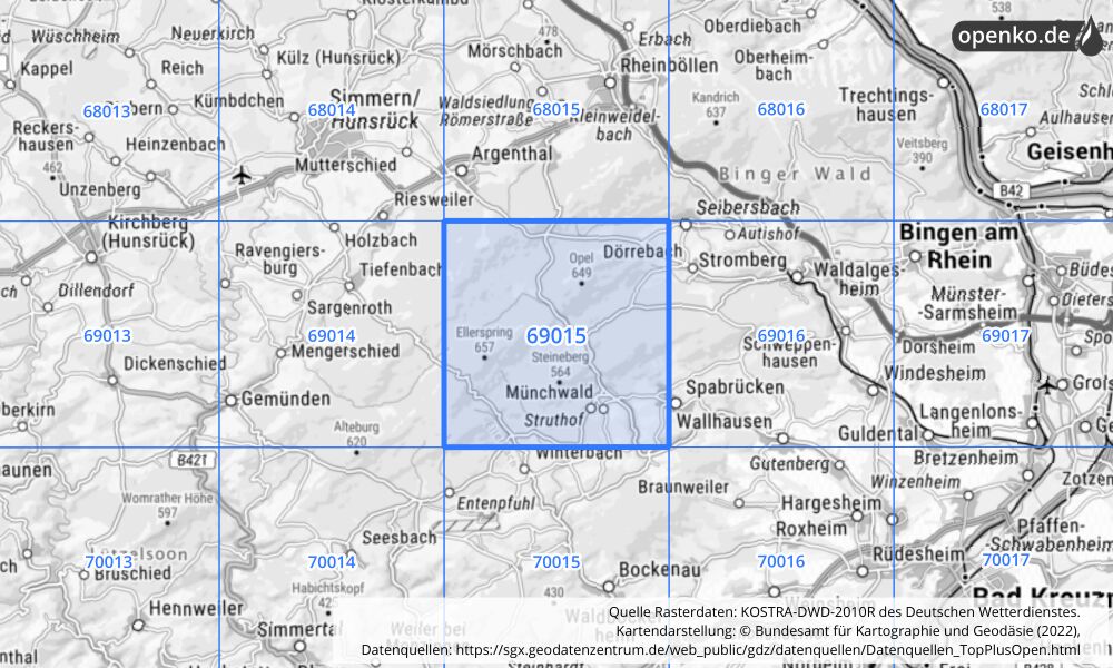 Übersichtskarte KOSTRA-DWD-2010R Rasterfeld Nr. 69015 mit angrenzenden Feldern