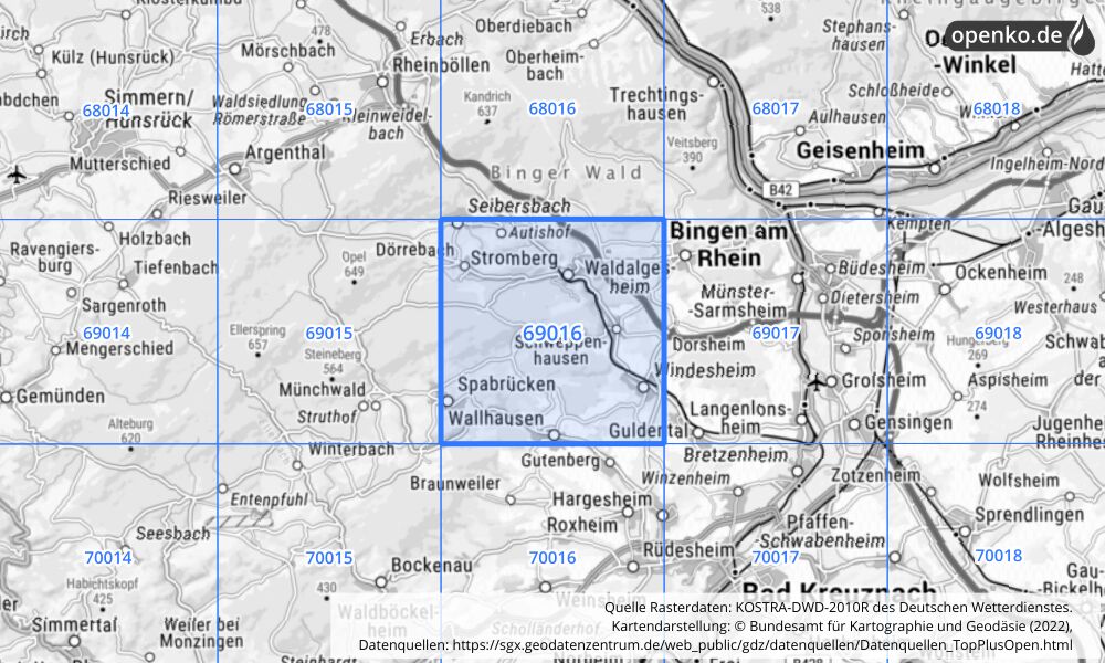 Übersichtskarte KOSTRA-DWD-2010R Rasterfeld Nr. 69016 mit angrenzenden Feldern