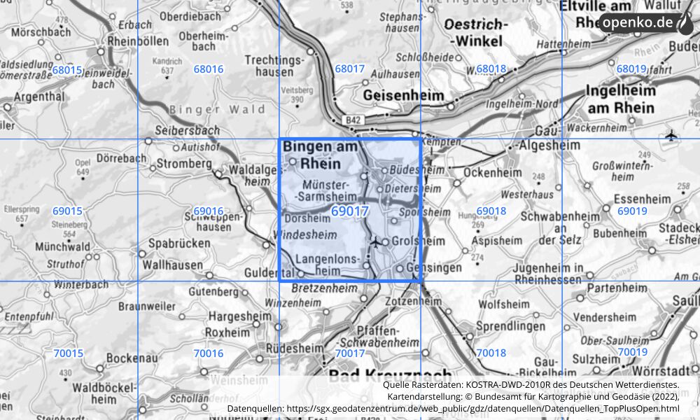 Übersichtskarte KOSTRA-DWD-2010R Rasterfeld Nr. 69017 mit angrenzenden Feldern