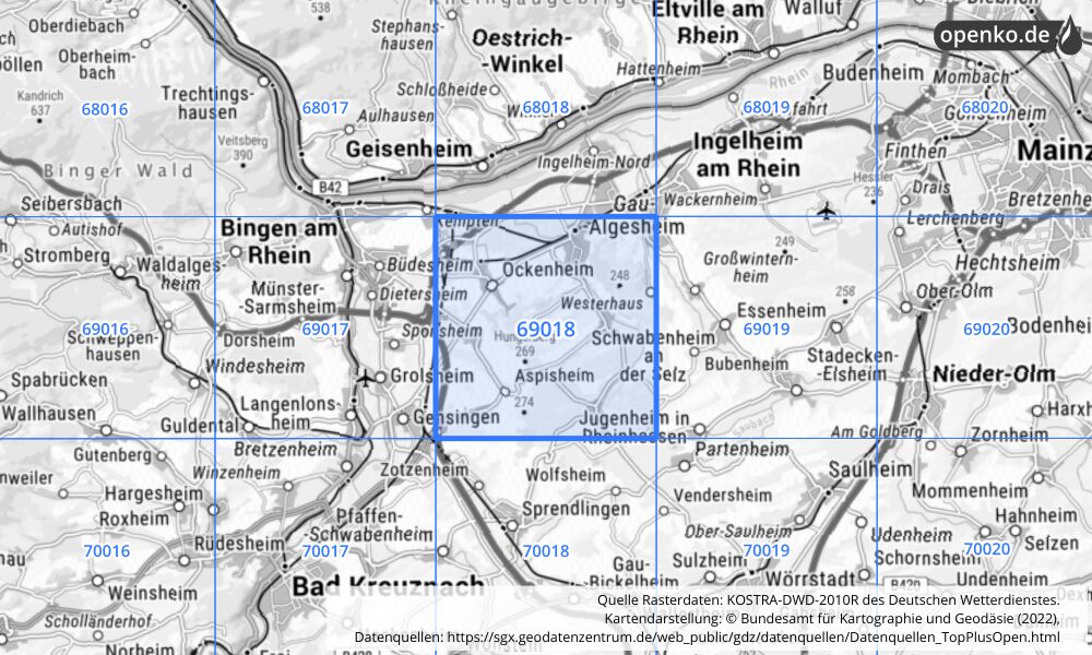 Übersichtskarte KOSTRA-DWD-2010R Rasterfeld Nr. 69018 mit angrenzenden Feldern