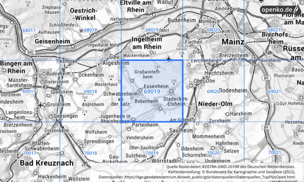 Übersichtskarte KOSTRA-DWD-2010R Rasterfeld Nr. 69019 mit angrenzenden Feldern