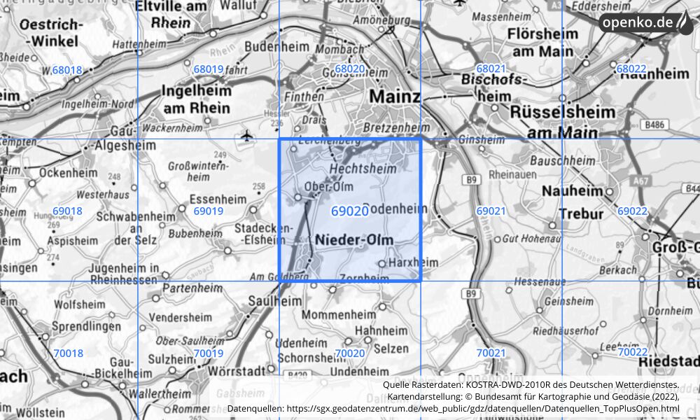 Übersichtskarte KOSTRA-DWD-2010R Rasterfeld Nr. 69020 mit angrenzenden Feldern