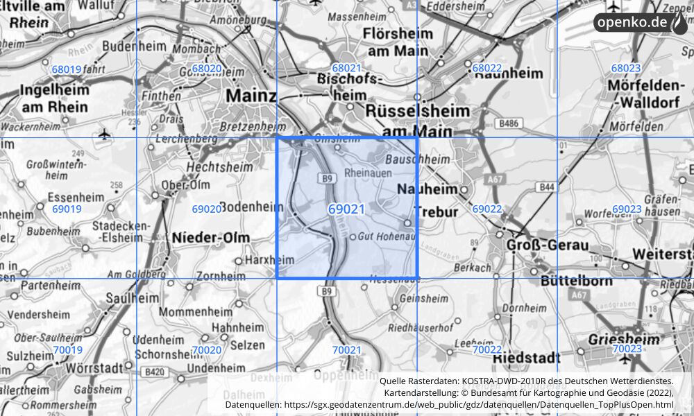 Übersichtskarte KOSTRA-DWD-2010R Rasterfeld Nr. 69021 mit angrenzenden Feldern