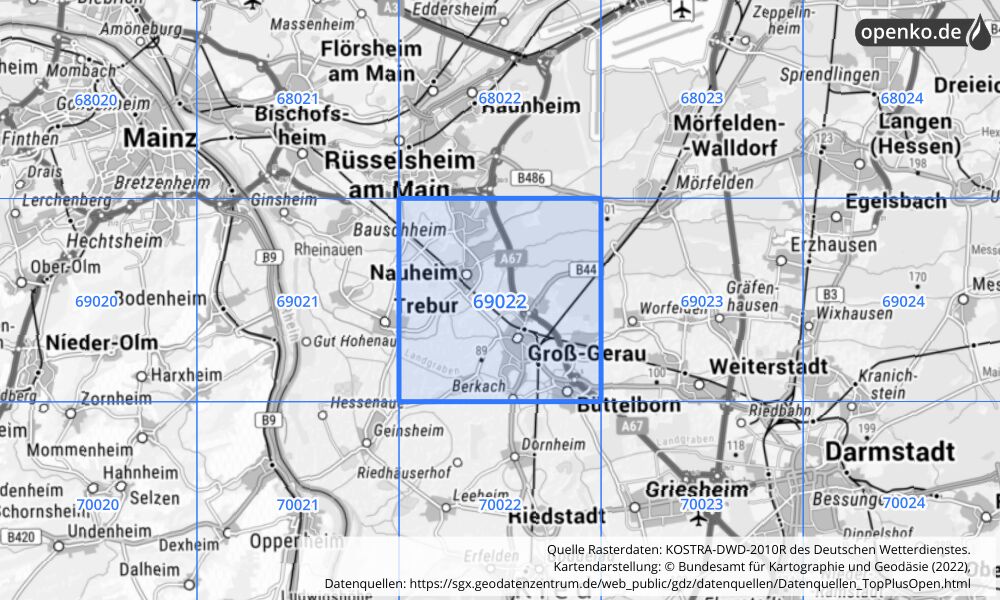 Übersichtskarte KOSTRA-DWD-2010R Rasterfeld Nr. 69022 mit angrenzenden Feldern