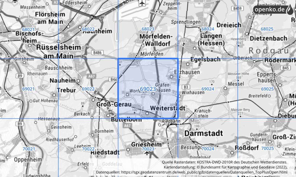 Übersichtskarte KOSTRA-DWD-2010R Rasterfeld Nr. 69023 mit angrenzenden Feldern