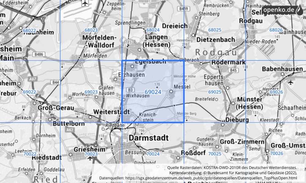 Übersichtskarte KOSTRA-DWD-2010R Rasterfeld Nr. 69024 mit angrenzenden Feldern