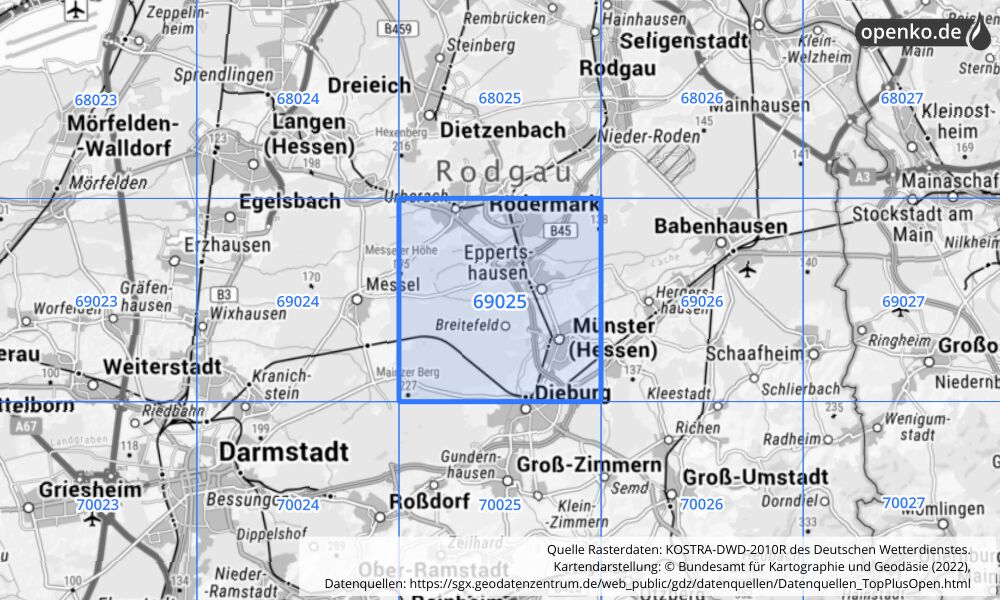 Übersichtskarte KOSTRA-DWD-2010R Rasterfeld Nr. 69025 mit angrenzenden Feldern