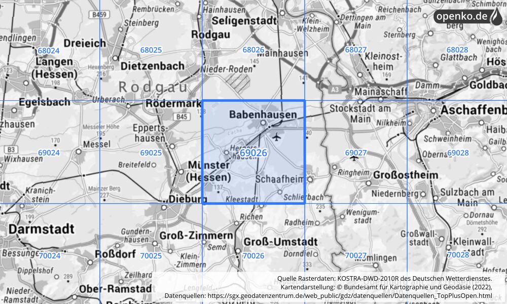 Übersichtskarte KOSTRA-DWD-2010R Rasterfeld Nr. 69026 mit angrenzenden Feldern