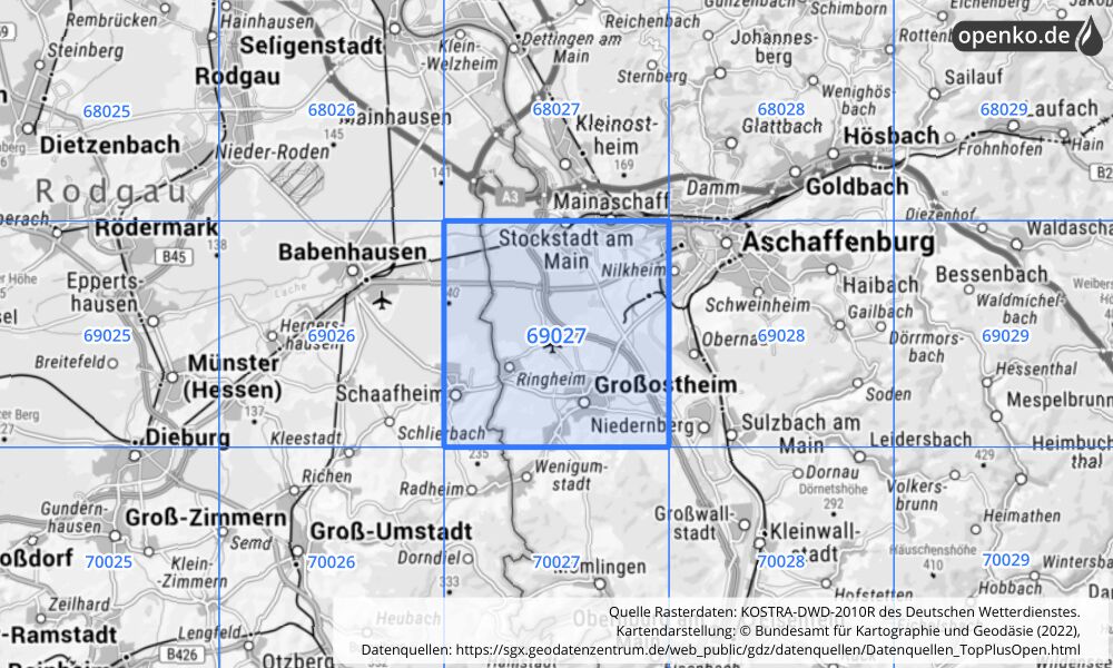 Übersichtskarte KOSTRA-DWD-2010R Rasterfeld Nr. 69027 mit angrenzenden Feldern