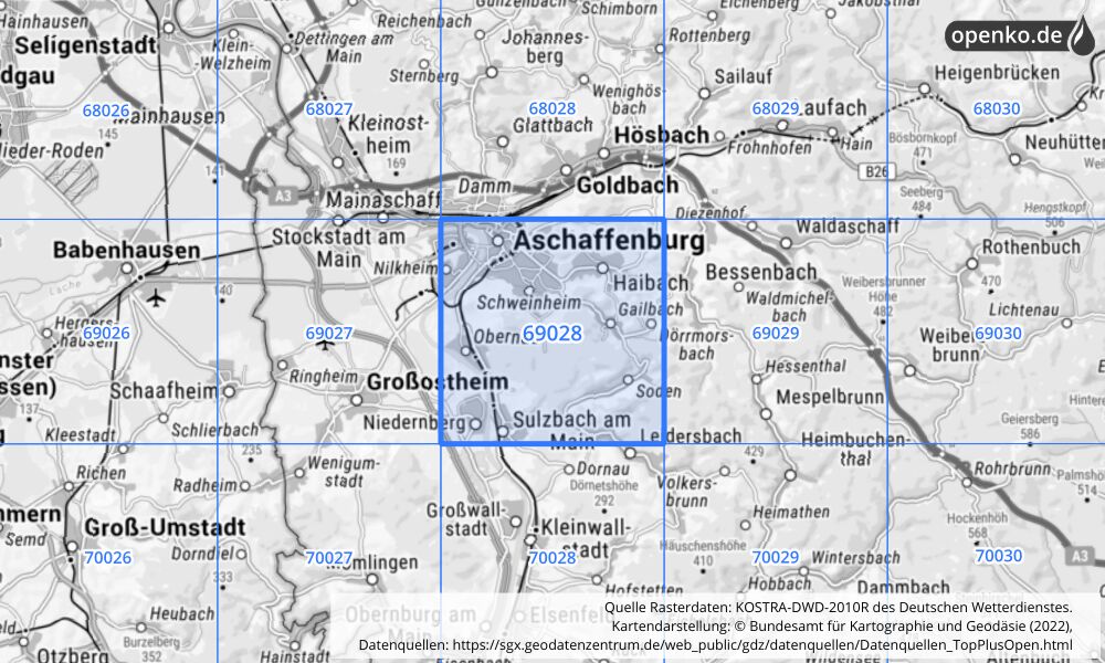 Übersichtskarte KOSTRA-DWD-2010R Rasterfeld Nr. 69028 mit angrenzenden Feldern