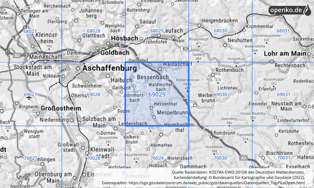 Übersichtskarte KOSTRA-DWD-2010R Rasterfeld Nr. 69029 mit angrenzenden Feldern