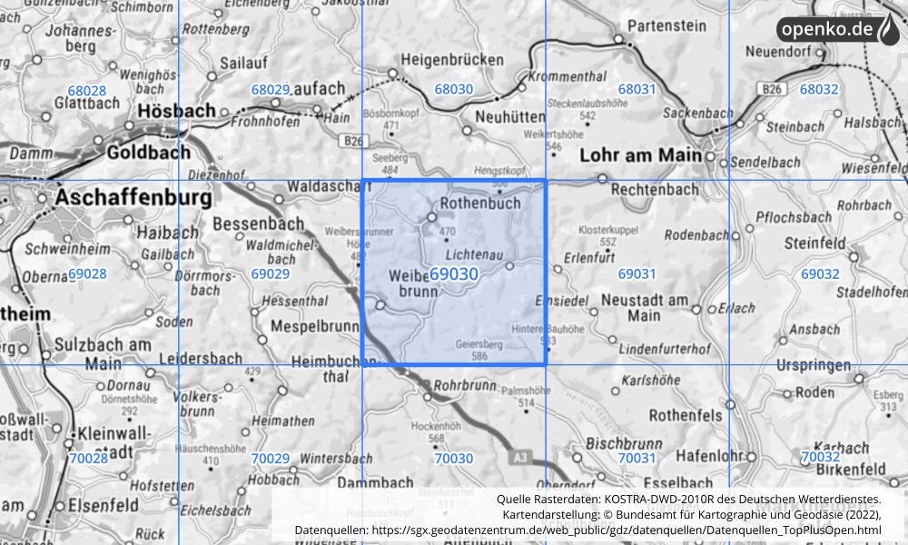 Übersichtskarte KOSTRA-DWD-2010R Rasterfeld Nr. 69030 mit angrenzenden Feldern