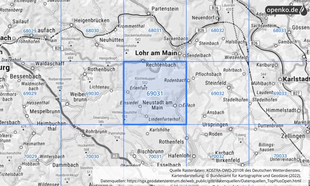 Übersichtskarte KOSTRA-DWD-2010R Rasterfeld Nr. 69031 mit angrenzenden Feldern