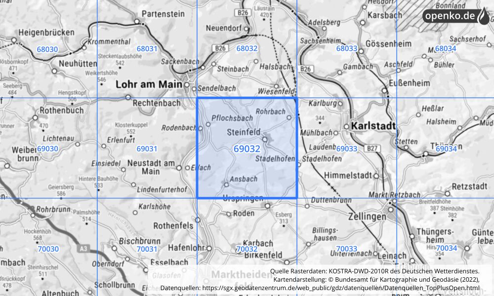 Übersichtskarte KOSTRA-DWD-2010R Rasterfeld Nr. 69032 mit angrenzenden Feldern