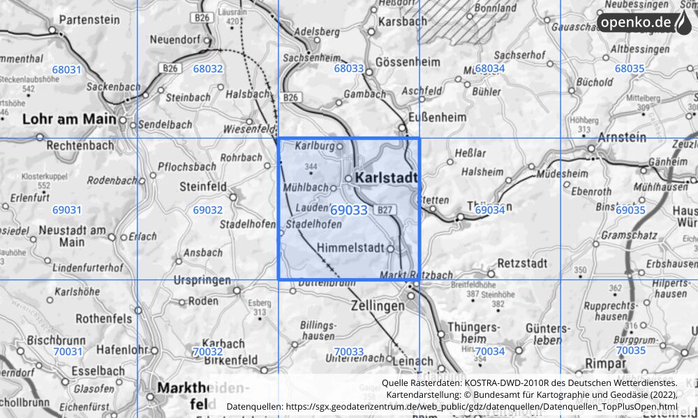 Übersichtskarte KOSTRA-DWD-2010R Rasterfeld Nr. 69033 mit angrenzenden Feldern