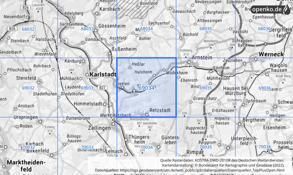 Übersichtskarte KOSTRA-DWD-2010R Rasterfeld Nr. 69034 mit angrenzenden Feldern