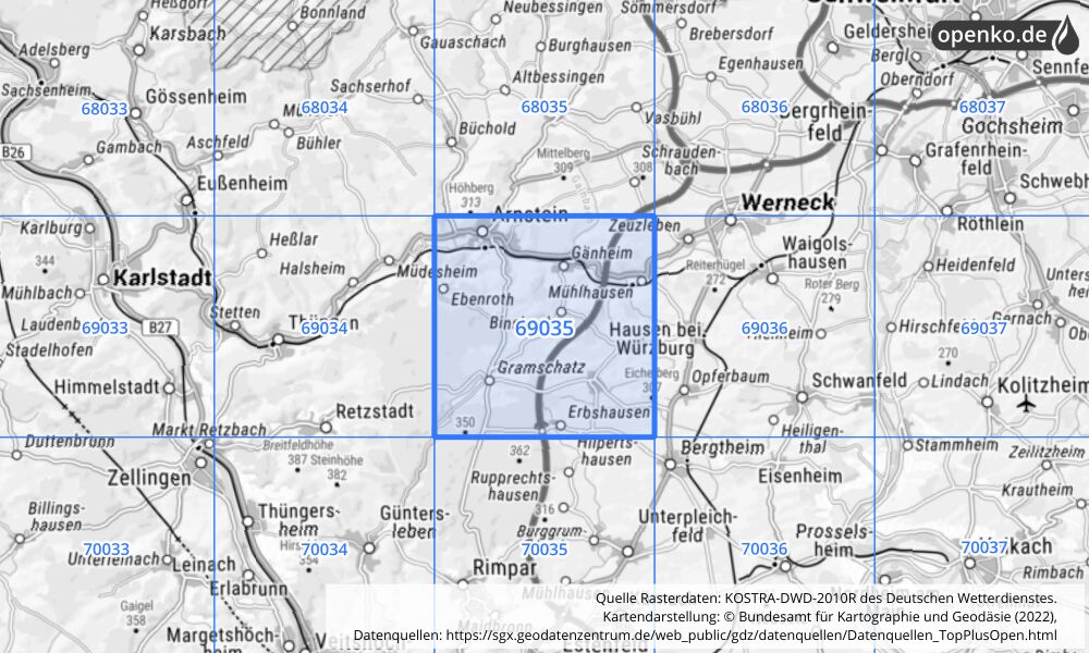 Übersichtskarte KOSTRA-DWD-2010R Rasterfeld Nr. 69035 mit angrenzenden Feldern