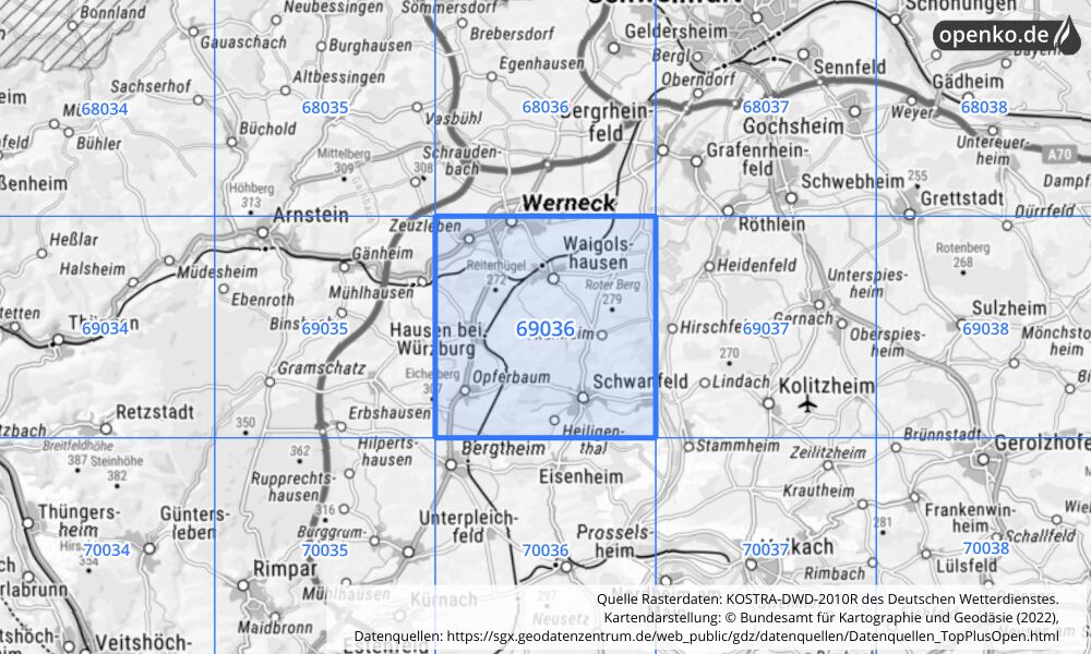 Übersichtskarte KOSTRA-DWD-2010R Rasterfeld Nr. 69036 mit angrenzenden Feldern