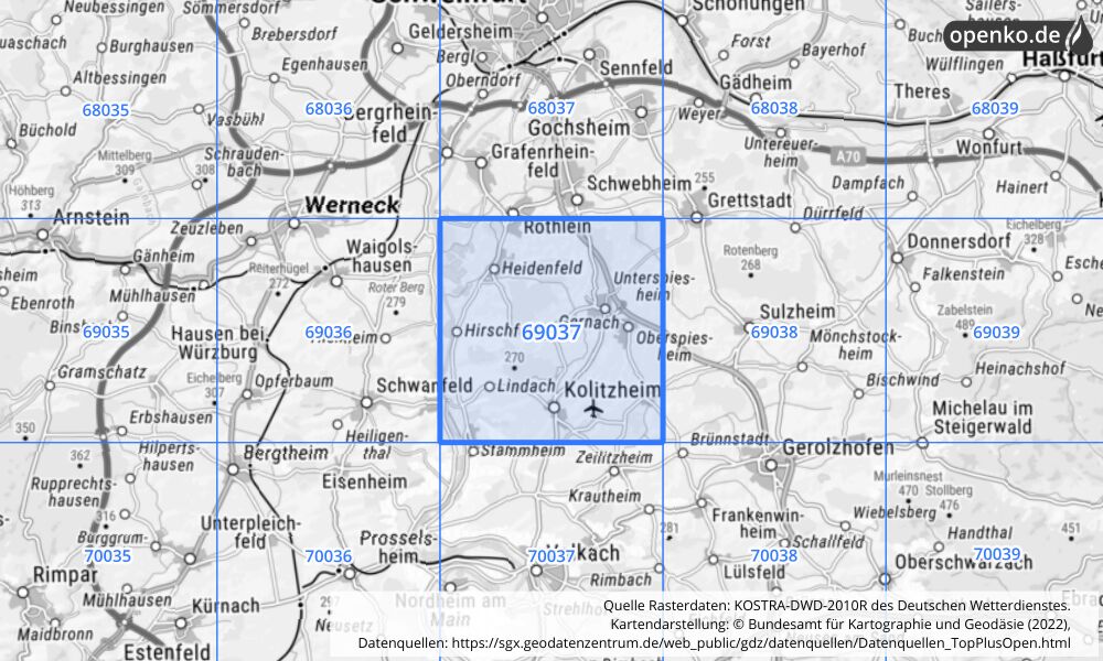 Übersichtskarte KOSTRA-DWD-2010R Rasterfeld Nr. 69037 mit angrenzenden Feldern