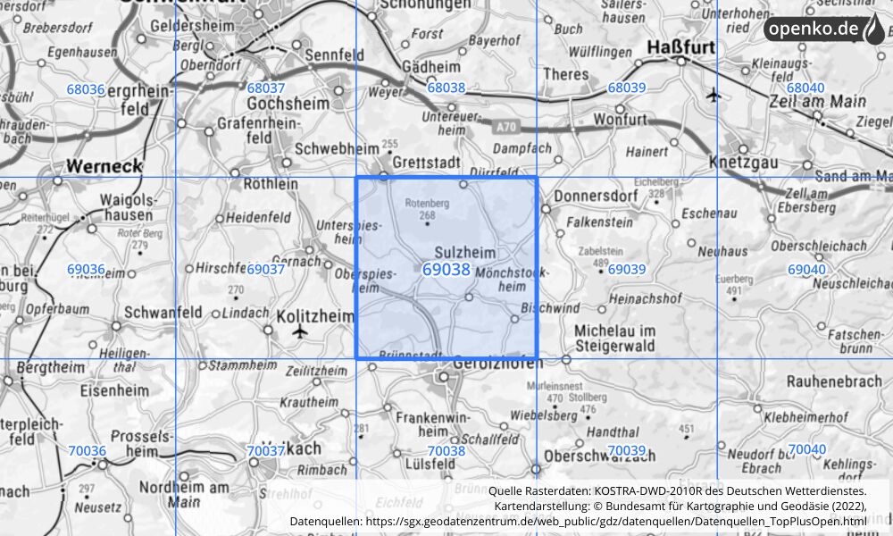 Übersichtskarte KOSTRA-DWD-2010R Rasterfeld Nr. 69038 mit angrenzenden Feldern