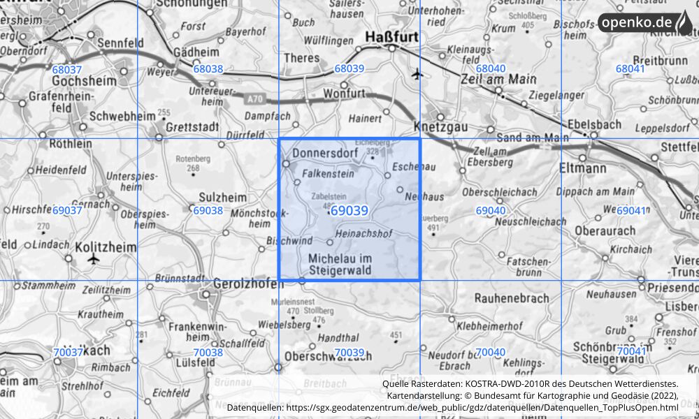 Übersichtskarte KOSTRA-DWD-2010R Rasterfeld Nr. 69039 mit angrenzenden Feldern