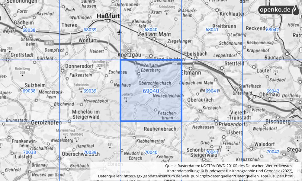 Übersichtskarte KOSTRA-DWD-2010R Rasterfeld Nr. 69040 mit angrenzenden Feldern