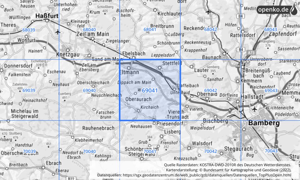 Übersichtskarte KOSTRA-DWD-2010R Rasterfeld Nr. 69041 mit angrenzenden Feldern