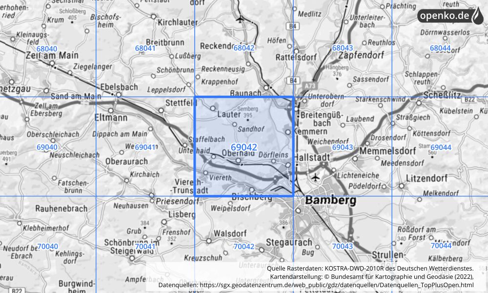 Übersichtskarte KOSTRA-DWD-2010R Rasterfeld Nr. 69042 mit angrenzenden Feldern