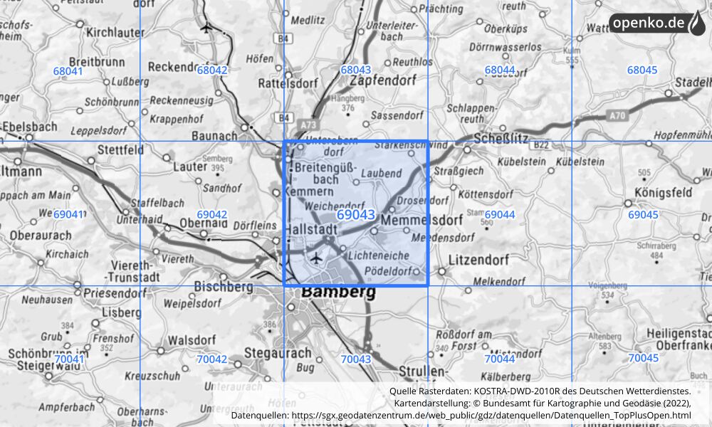 Übersichtskarte KOSTRA-DWD-2010R Rasterfeld Nr. 69043 mit angrenzenden Feldern