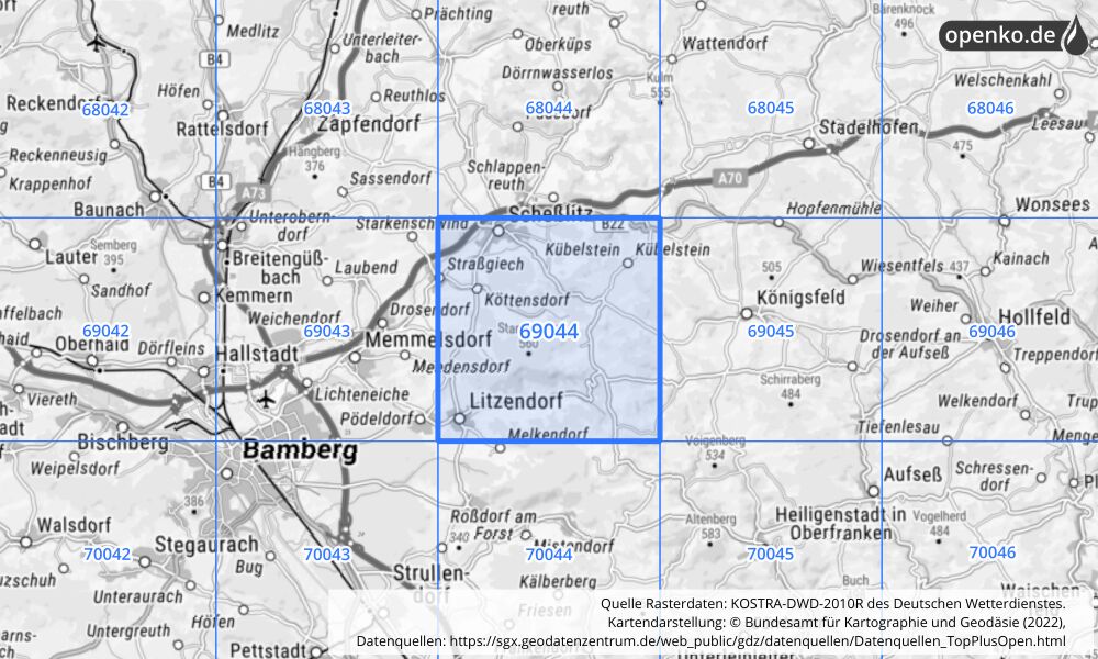 Übersichtskarte KOSTRA-DWD-2010R Rasterfeld Nr. 69044 mit angrenzenden Feldern