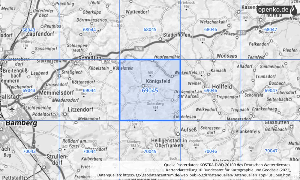 Übersichtskarte KOSTRA-DWD-2010R Rasterfeld Nr. 69045 mit angrenzenden Feldern