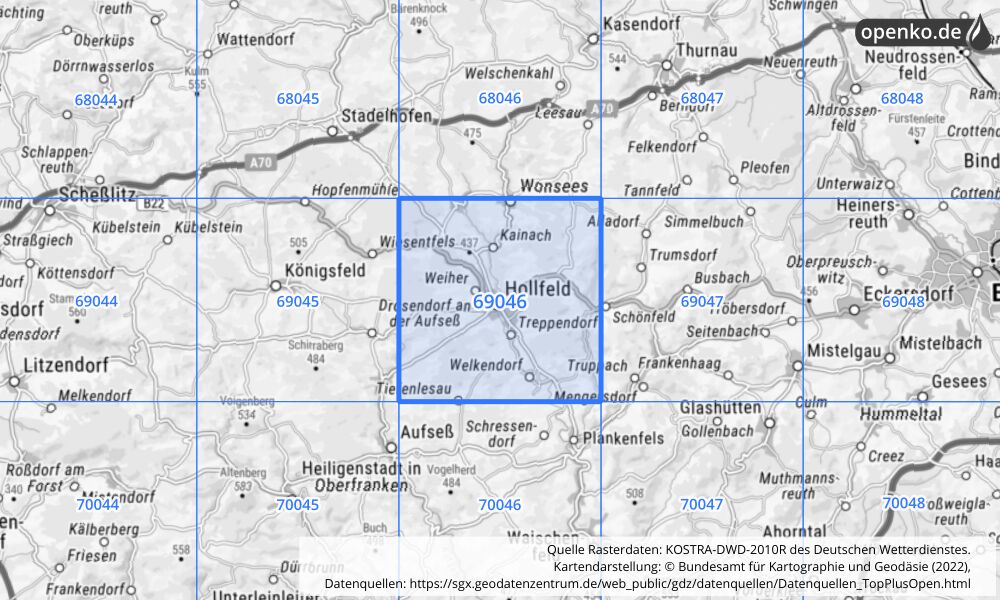 Übersichtskarte KOSTRA-DWD-2010R Rasterfeld Nr. 69046 mit angrenzenden Feldern