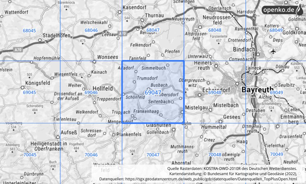 Übersichtskarte KOSTRA-DWD-2010R Rasterfeld Nr. 69047 mit angrenzenden Feldern