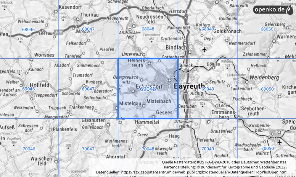 Übersichtskarte KOSTRA-DWD-2010R Rasterfeld Nr. 69048 mit angrenzenden Feldern