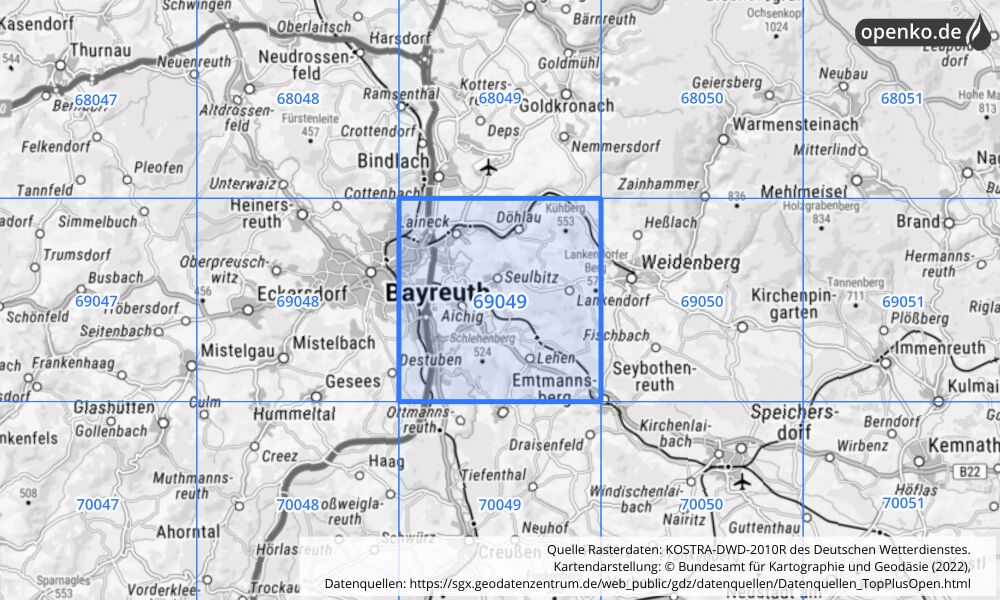 Übersichtskarte KOSTRA-DWD-2010R Rasterfeld Nr. 69049 mit angrenzenden Feldern