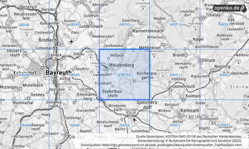 Übersichtskarte KOSTRA-DWD-2010R Rasterfeld Nr. 69050 mit angrenzenden Feldern